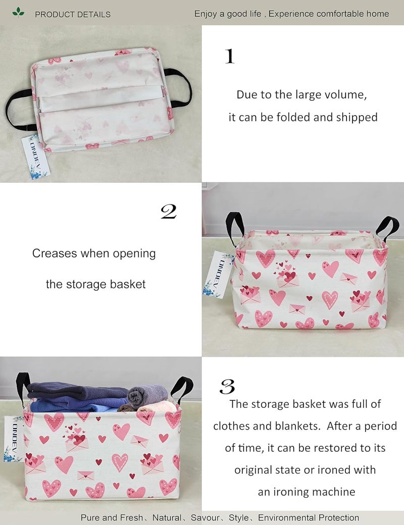 ONOEV Rectangular Folding Laundry Basket,waterproof Canvas Basket,gift basket,Suitable for children's room,Office,Clothes,Toys Storage(Pink Love) - Image 5